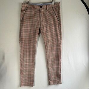 Suslo Couture Mens Slim Fit Plaid Trousers Red Brown Tan Check W32 L30